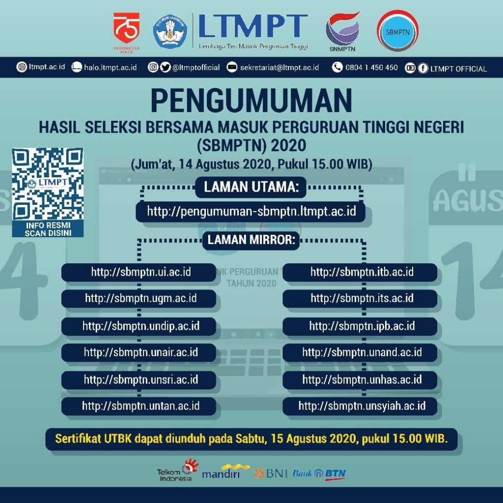 Pemberitahuan Hasil SBMPTN 2020 pada Laman LTMPT 14 Agustus 2020