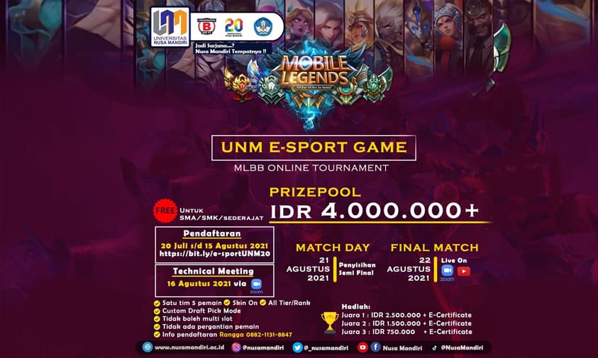 Universitas Nusa Mandiri Akan Hadirkan Turnamen E-sports Mobile Legends Untuk Para Pelajar Secara Gratisss!!!